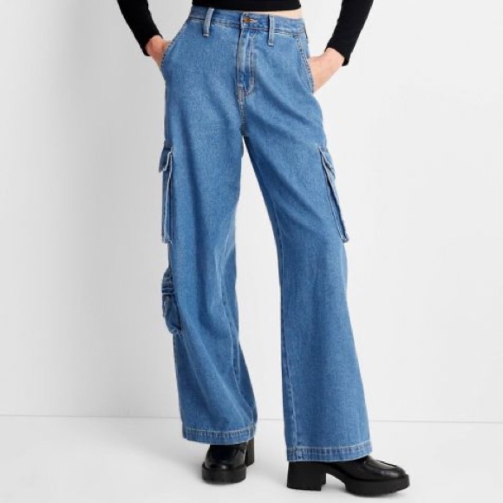 High-Rise Wide Leg Denim Cargo Pants